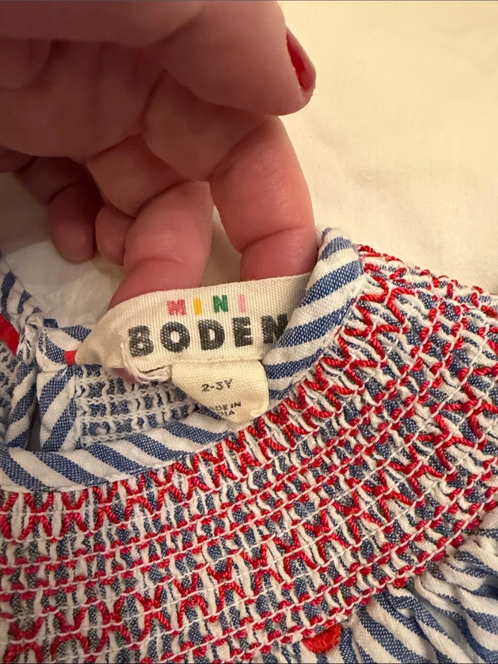 Mini Boden Blue & White Seersucker Striped Cherry Set with Ruffle Detail